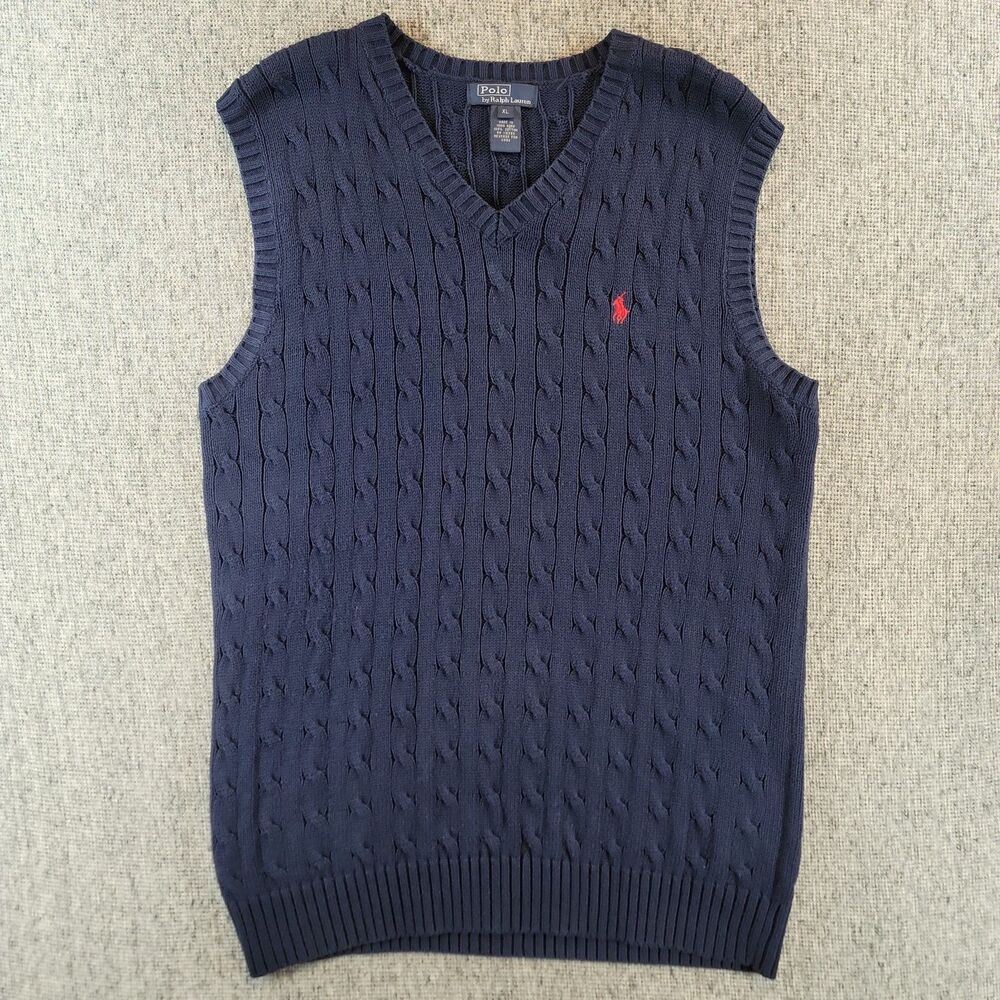 Polo Ralph Lauren Mens XL Blue Cable Knit V-Neck Sweater Vest Red Pony Cotton
